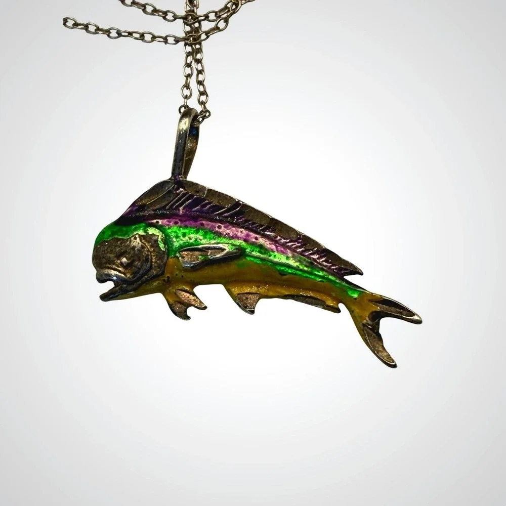 Vintage 925 Sterling‎ Silver Enamel  Dolphin Fish Pendant Necklace 20 Inch Italy